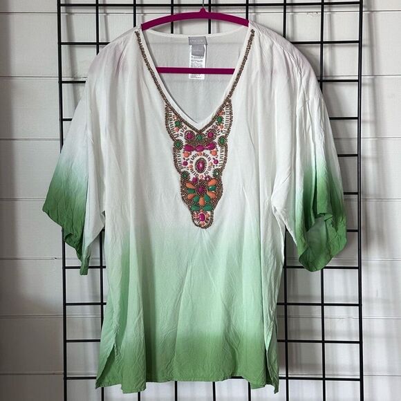 CHICO'S Embellished Kurta Tunic Top Womens 2 Emerald Ombre Bohemian Resortwear - Picture 1 of 13